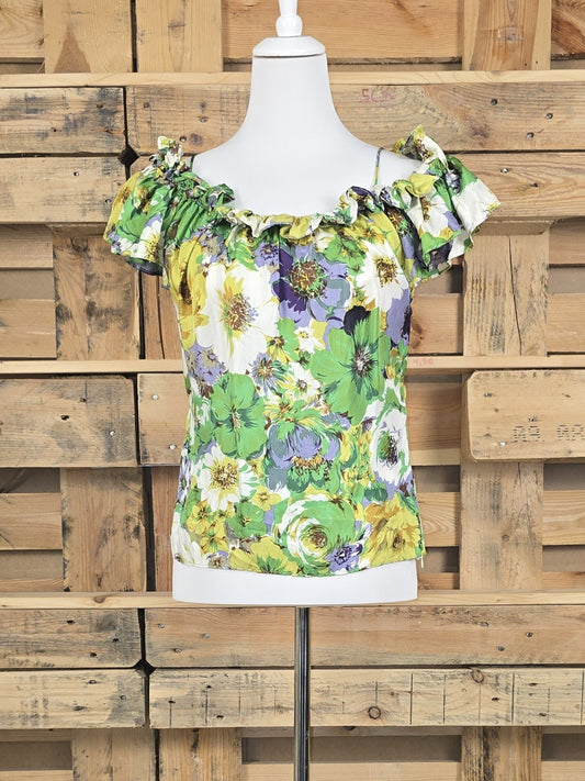 Blumarine Seidentop aus 100 % Seide mit floralem Blumenprint und Carmen-Ausschnitt