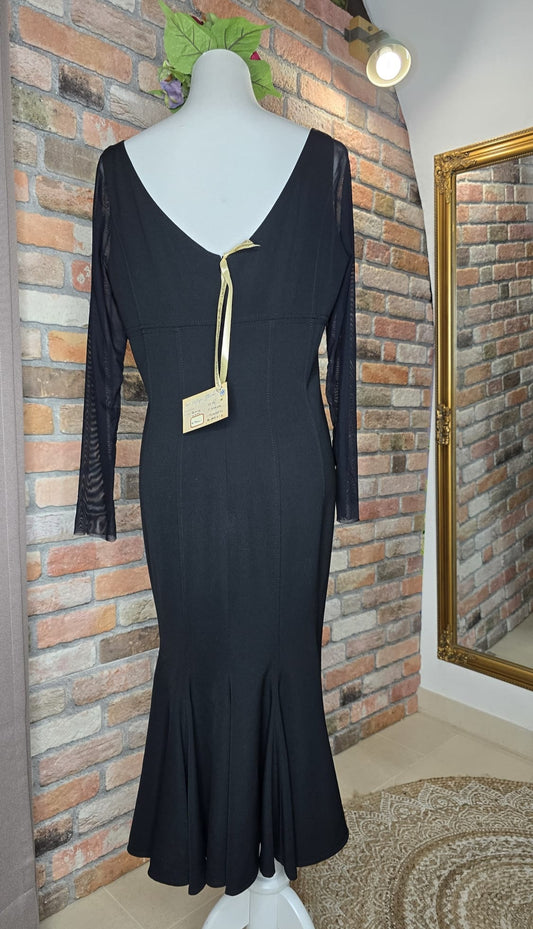 Escada Kleid in Schwarz mit transparenten Mesh-Ärmeln und Volantdetail auf der Rückseite Größe 42