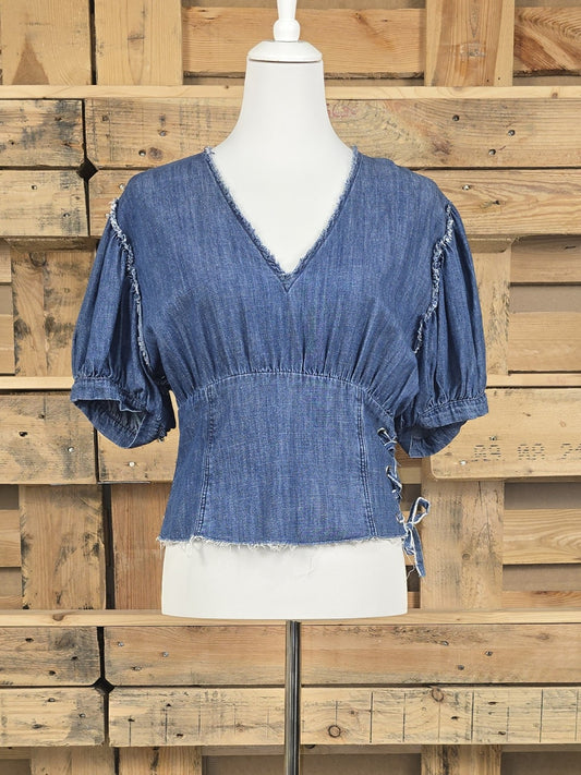 Jeans-Top aus Baumwolle mit seitlicher Schnürung und Puffärmeln