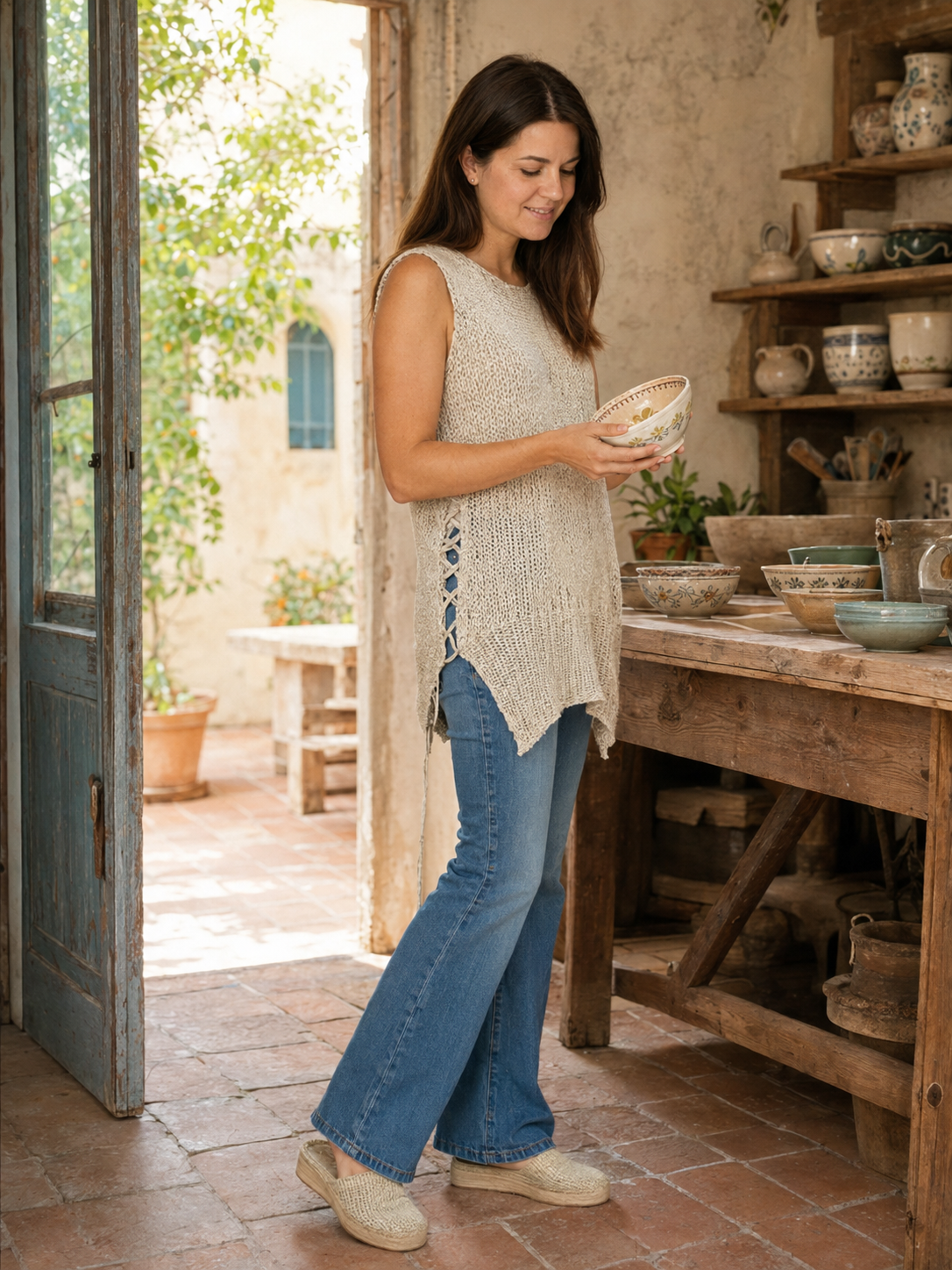 Sommerliches Stricktop mit Lederband